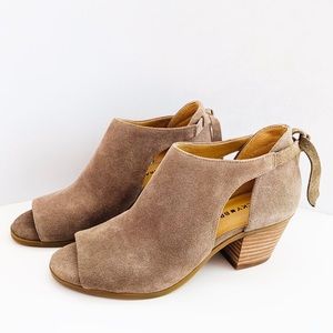 Lucky Brand Betsee Suede Taupe Peep Toe Booties
